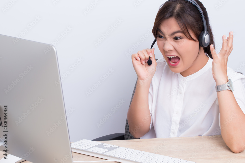 Woman working in call center she feel angry Woman working in call center she feel angry