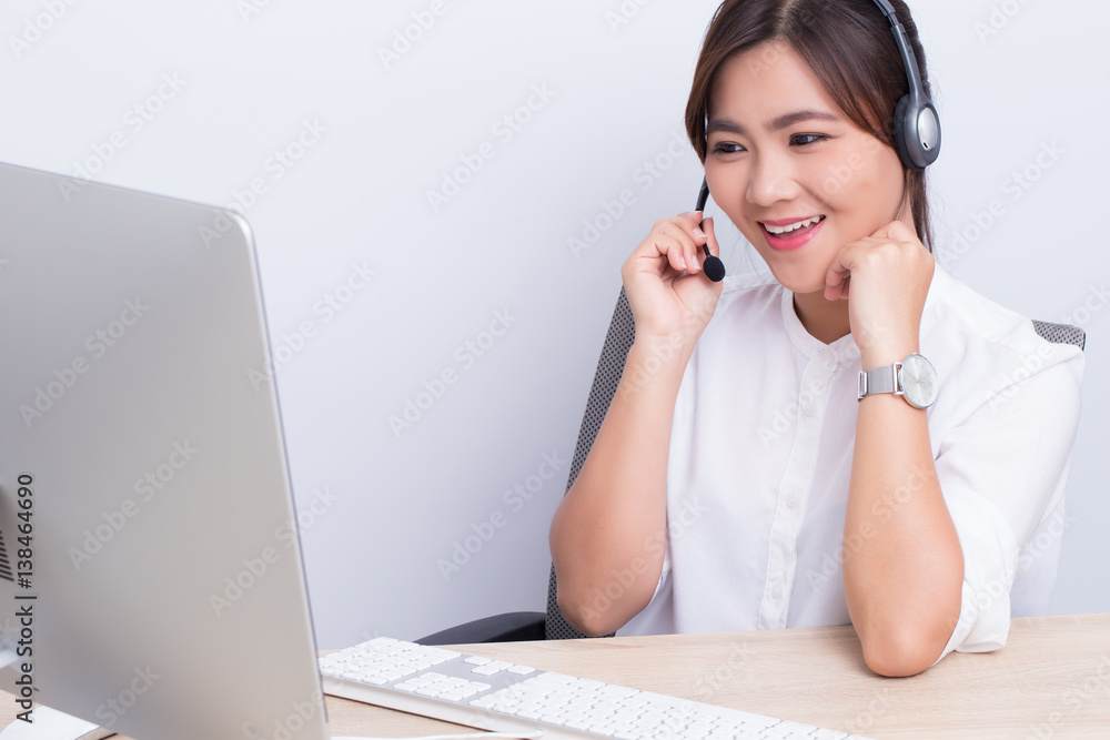 Woman working in call center she feel happy Woman working in call center she feel happy