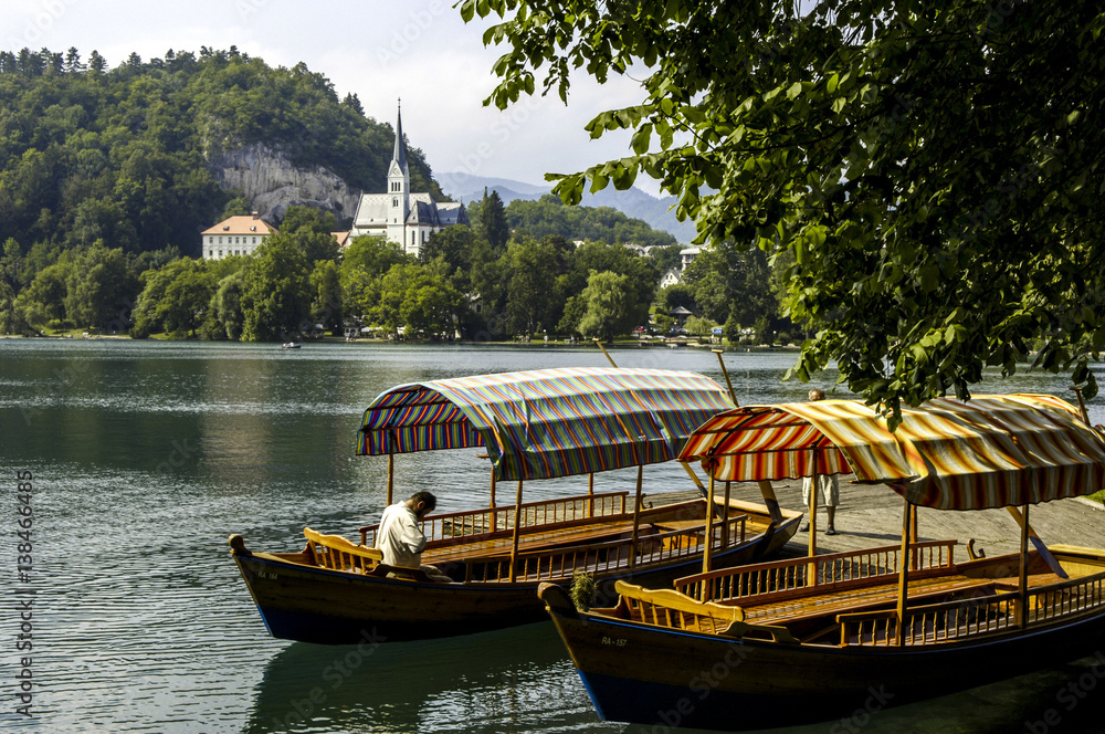 Blejsko Jezero, boats on Lake Bled, Slovenia, Northern Slovenia,