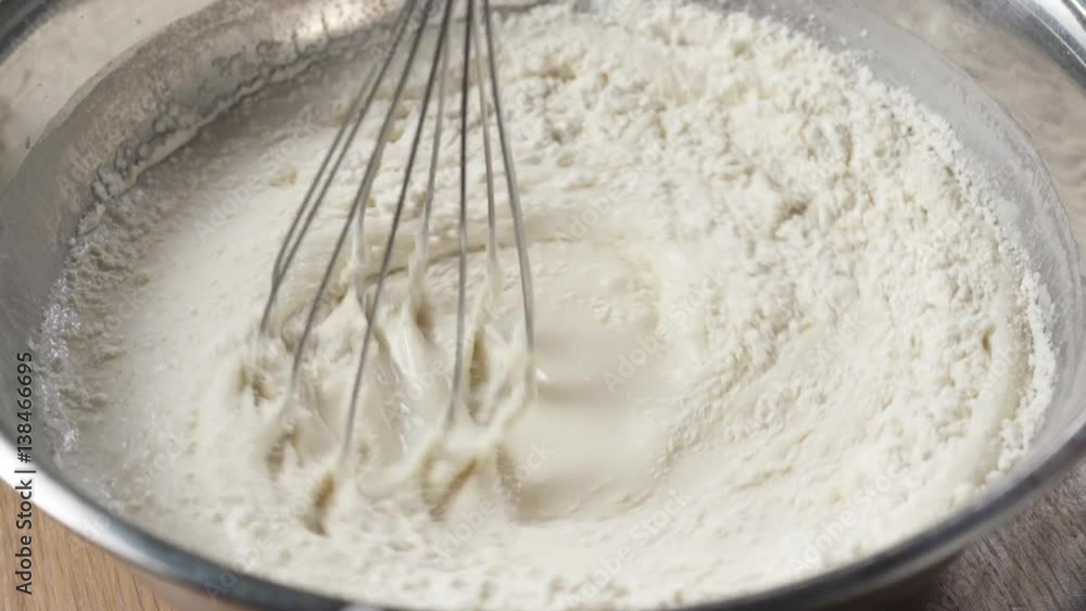 Slow motion of mixing liquid batter for crepes or blinis, 180fps prores footage Slow motion of mixing liquid batter for crepes or blinis, 180fps prores footage