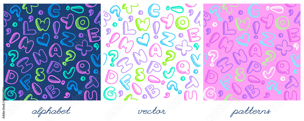 vector hand drawn childish alphabet seamless patterns set