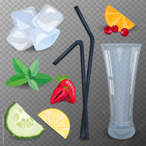 Refreshing drink ingredients with cucumber, strawberry, cranberry and mint vector illustration.