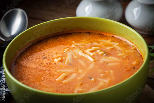 Obraz na plátně Homemade tomato soup with noodles.