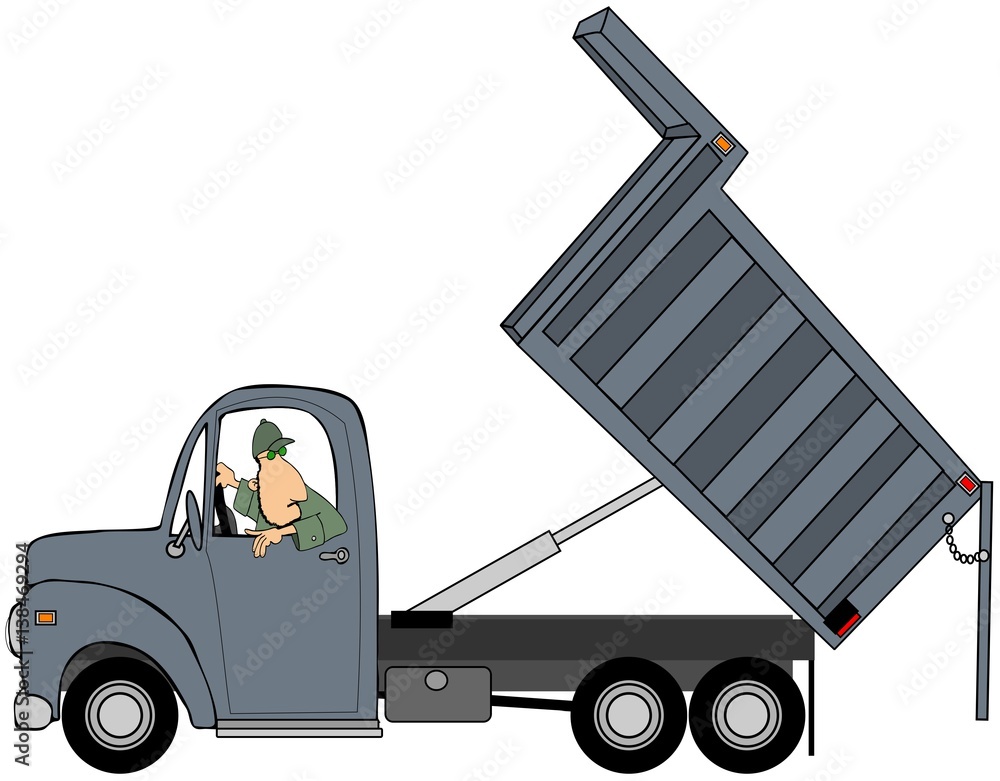 Illustration of a man backing up a dump truck with its box raised