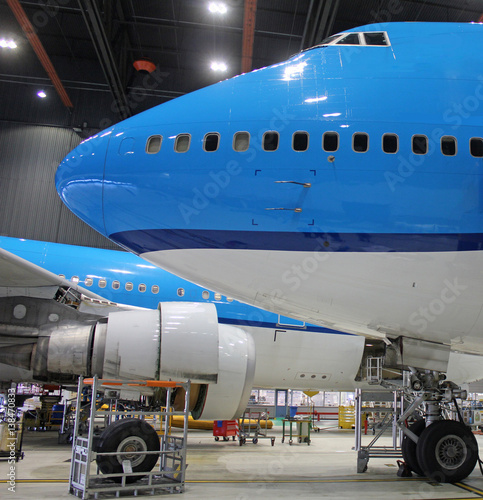 nose of a big blue airplane 