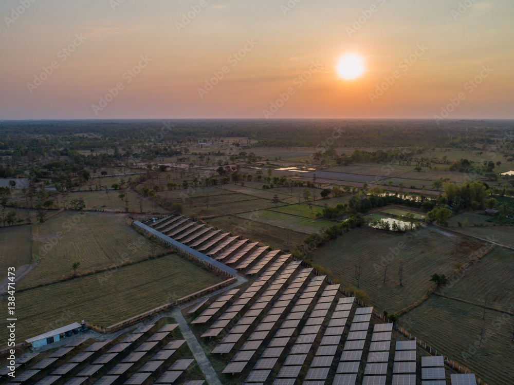 Aerial view of solar farm : Solar energy panels in a field of Grass at twilight sunbeam on sky.
