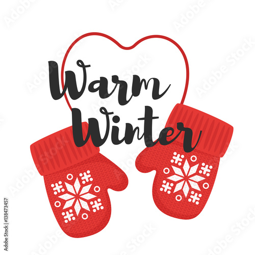 Vector cartoon style illustration of mittens with title "warm winter"