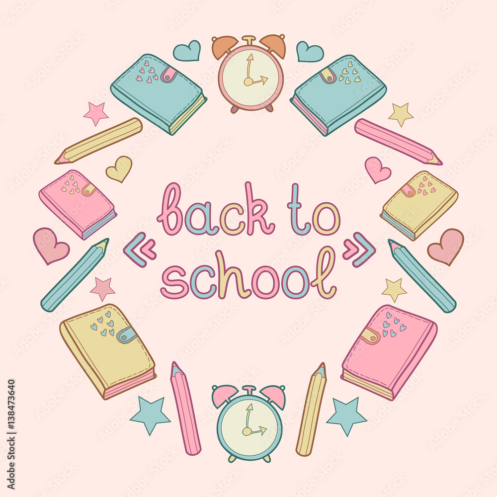 Vector illustration with text Back to school in circle frame with school elements. Children education icons. Vector illustration with text Back to school in circle frame with school elements. Children education icons.