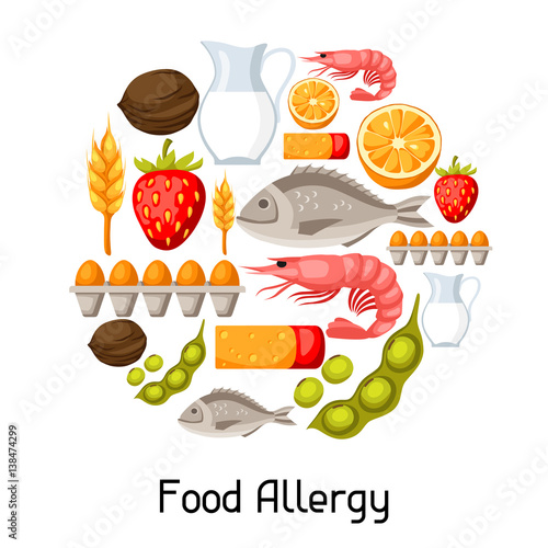 Food allergy background with allergens and symbols. Vector illustration for medical websites advertising medications