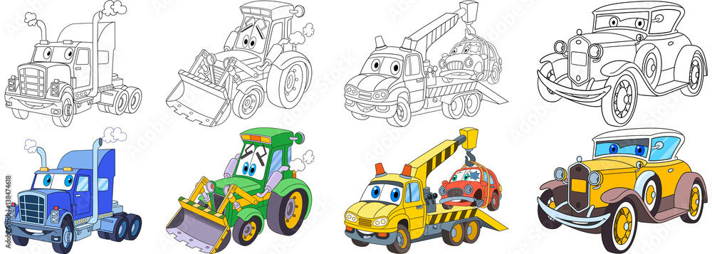 Cartoon transport set. Collection of vehicles. Heavy semi truck (trailer, lorry), tractor (bulldozer), tow truck (evacuator), luxury retro old car. Coloring book pages for kids. Cartoon transport set. Collection of vehicles. Heavy semi truck (trailer, lorry), tractor (bulldozer), tow truck (evacuator), luxury retro old car. Coloring book pages for kids.