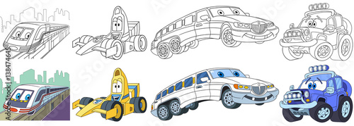 Cartoon transport set. Collection of vehicles. Suburban electric train, high speed racing car, white limousine (limo), off-road jeep. Coloring book pages for kids.