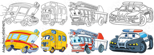 Cartoon transport set. Collection of vehicles. Ambulance, school bus, fire truck, police car. Coloring book pages for kids.