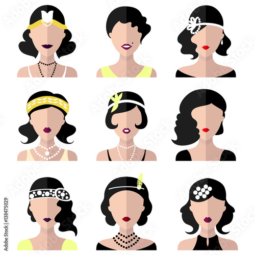 Vector set of different flapper girls icons in modern flat style isolated on white background.