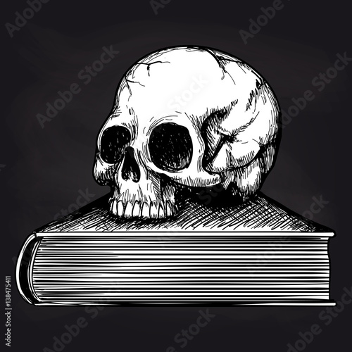 Black and white sketch of human skull on book on blackboard background. Vector illustration