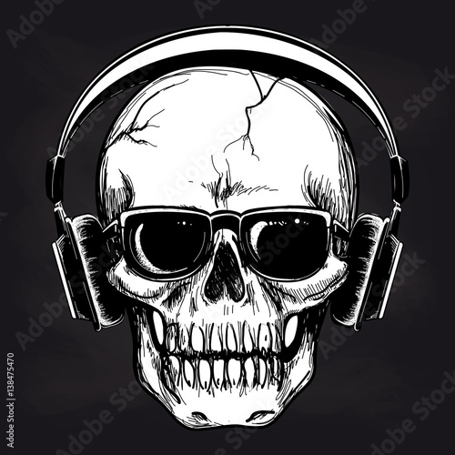 Black and white sketch of skull and headphones. Vector human skull music lover on blackboard
