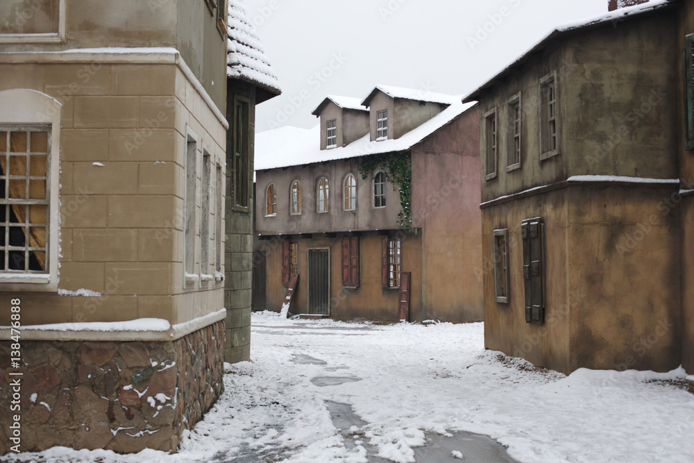 The buildings of the medieval city in winter The buildings of the medieval city in winter