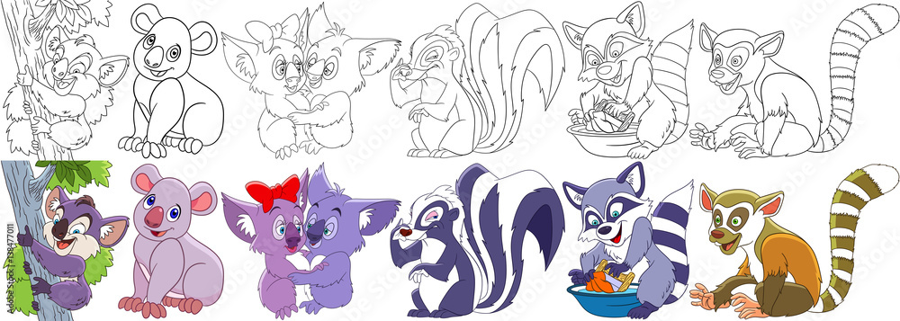 Cartoon animals set. Collection of fluffy mammals. Koala bears, bad smelling skunk, raccoon washing dirty clothes, ring-tailed lemur. Coloring book pages for kids.