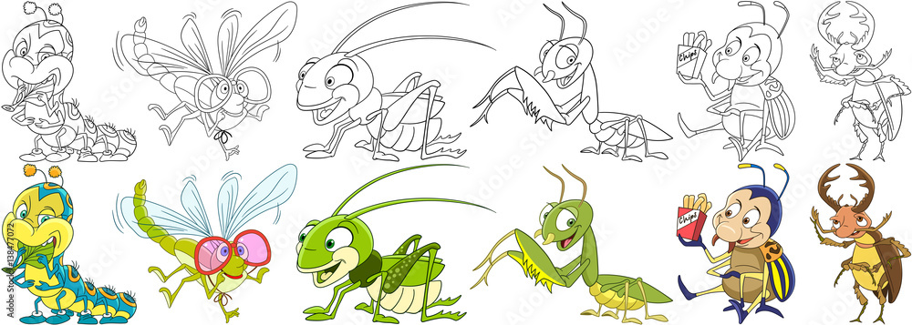 Cartoon animals set. Collection of garden insects and bugs. Caterpillar, dragonfly, grasshopper, mantis, colorado potato beetle, stag bug. Coloring book pages for kids.