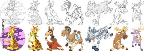 Cartoon animals set. Collection of african mammals. Giraffe, lama alpaca, camel, zebra, elk, moose, deer, reindeer. Coloring book pages for kids.