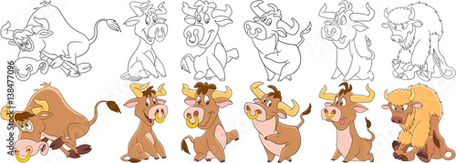 Cartoon animals set. Collection of farm cattle. Bull, american buffalo, bison, ox, yak, calf. Coloring book pages for kids.