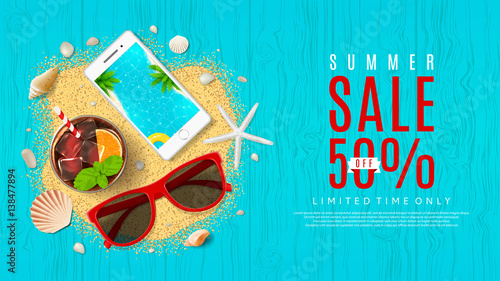 Beautiful web banner for summer sale. Top view on seashells, fresh cocktail, sun glasses, smartphone and sea sand on wooden texture. Vector illustration with spesial discount offer.