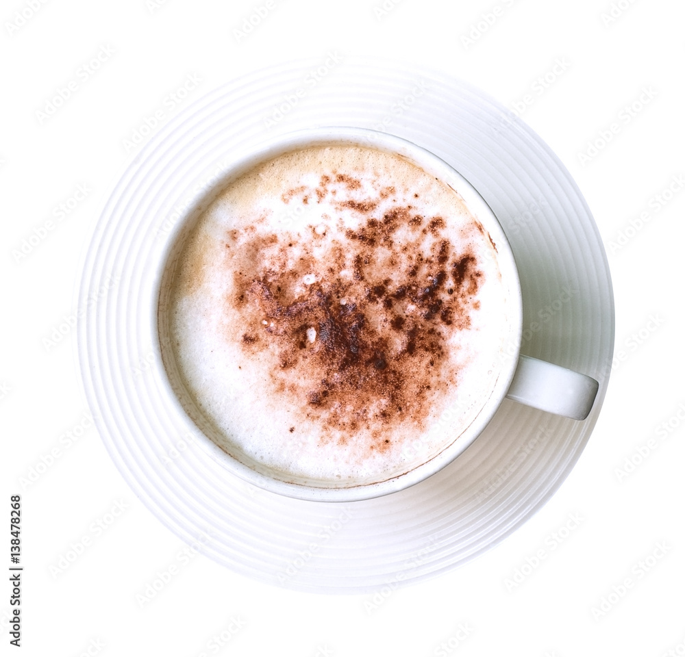 Top view of hot coffee cappuccino isolated on white background, clipping path included Top view of hot coffee cappuccino isolated on white background, clipping path included