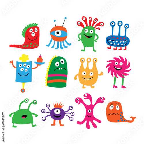 Collection of different colored cute funny monsters