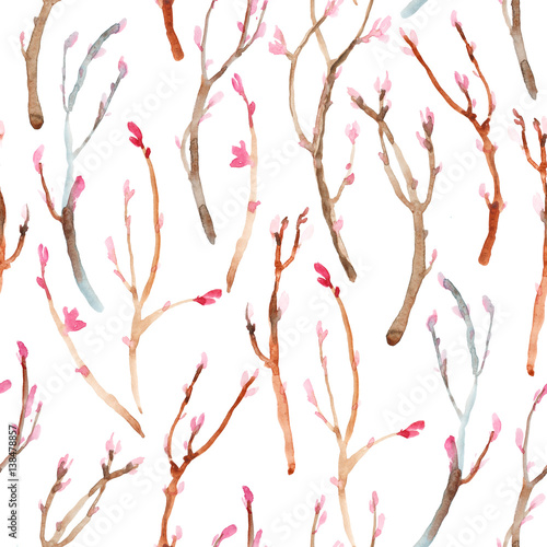 Watercolor seamless pattern. Spring gentle brunch of cherry bud with feather, bird and nest isolated on white background