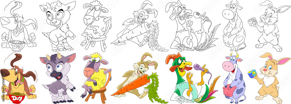 Obraz premium Cartoon animals set. Collection of domestic farm fauna. Basset hound dog, goat, sheep, bunny (rabbit), carrot, cock (rooster, bantam), cow, hare taking selfie photo. Coloring book pages for kids