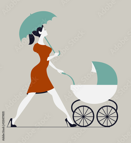 Young woman walking with stroller under rain. Woman walking with