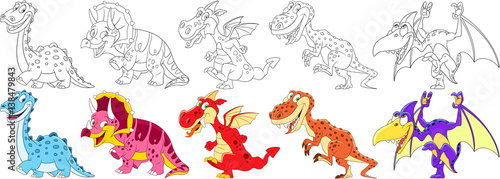 Cartoon animals set. Collection of dinosaurs in jurassic period. Diplodocus, triceratops, dragon, tyrannosaurus (t rex), pterodactyl. Coloring book pages for kids.