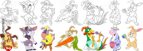 Cartoon animals set. Collection of domestic farm fauna. Basset hound dog, goat, sheep, bunny (rabbit), carrot, cock (rooster, bantam), cow, hare taking selfie photo. Coloring book pages for kids