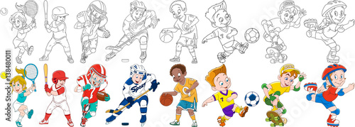 Cartoon sportive children set. Sport collection. Boys and girls playing tennis, baseball, american football (rugby), hockey, basketball, roller skating, skateboarding. Coloring book pages for kids.