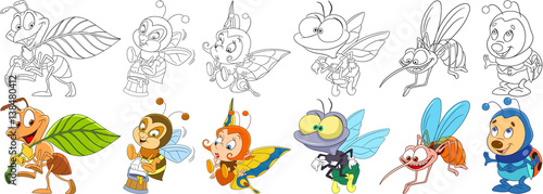 Cartoon animals set. Collection of insects. Busy ant, bee (bumblebee) with honey, butterfly, house fly, mosquito (gnat, midge), ladybug (ladybird). Coloring book pages for kids.
