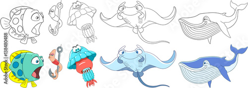Cartoon animals set. Collection of fishes. Underwater fish, worm making air kiss, jellyfish (medusa), manta ray (stingray), blue whale (cachalot). Coloring book pages for kids.