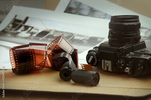 Photographic film rolls, cassettes and camera . Analog film strips Analog photography. photo