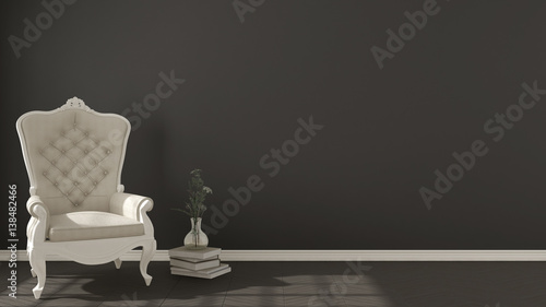 Classic dark living background  with white vintage armchair on herringbone natural parquet flooring  interior design