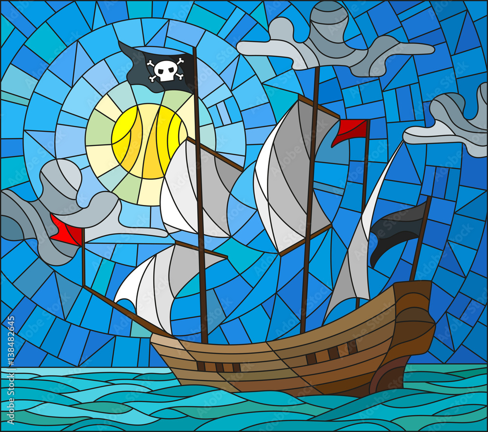 Illustration in stained glass style with a pirate ship in the sun, a cloudy sky and ocean