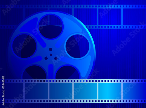 Background for the cinema industry. Reel with film into a blue background