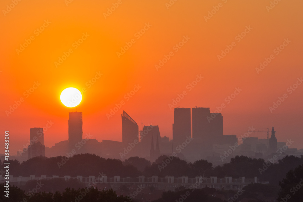 Tall buildings of the The Hague CBD at sunrise