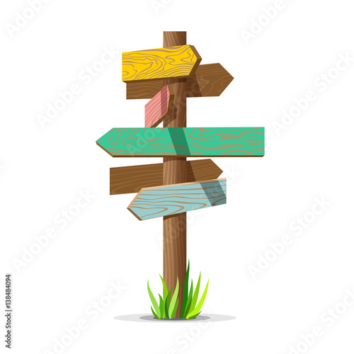 Colored wooden arrow empty vector signboard. Wood sign post concept with grass. Board pointer illustration isolated on a white background