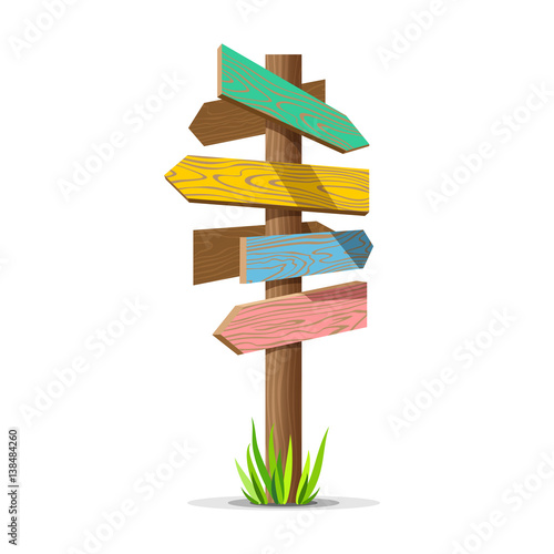 Colored wooden arrow empty vector signboard. Wood sign post concept with grass. Board pointer illustration isolated on a white background