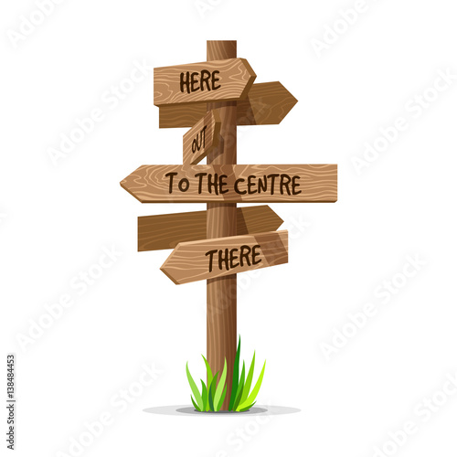 Wooden arrow vector direction signboard. Wood sign post concept with grass. Board pointer illustration with text isolated on a white background