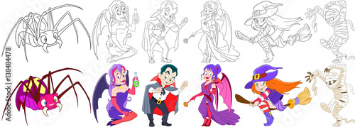 Cartoon halloween set. Holiday collection. Giant spider, witches with toxic poison, magic wand and broomstick, man in a costume of vampire Dracula, egyptian mummy. Coloring book pages for kids.