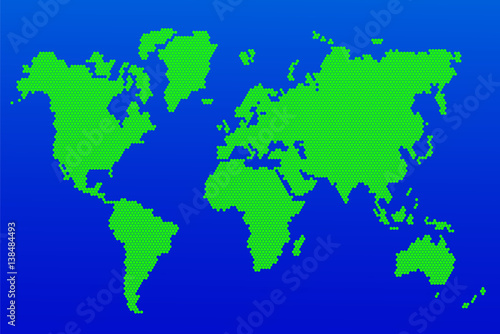 World map of hexagon. Electronic card miraiz green hexagons on a blue background. Vector illustration.