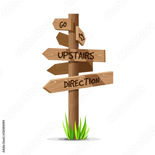 Wooden arrow vector direction signboard. Wood sign post concept with grass. Board pointer illustration with text isolated on a white background © primulakat