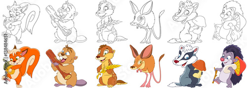 Cartoon animals set. Squirrel with acorn, beaver with wooden log, groundhog (marmot) with wheat ear, jumping jerboa, badger with mushroom, hedgehog with mushroom. Coloring book pages for kids.