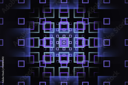 Abstract fractal design with purple and cyan gradient squares, on dark background