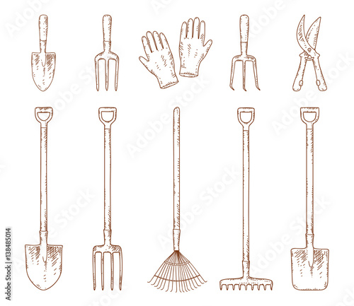 hand drawn garden tools set