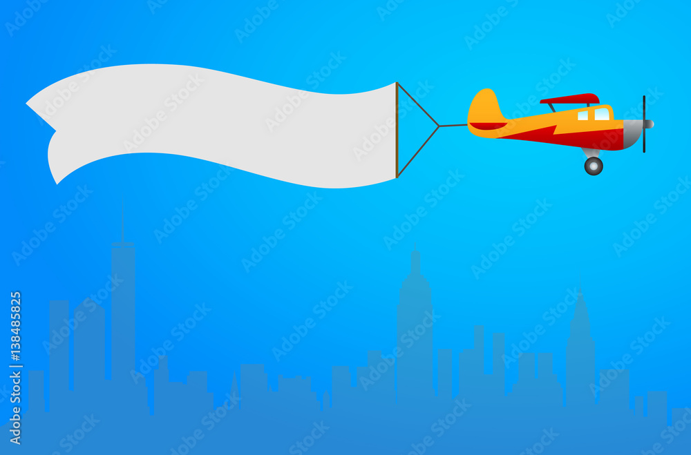 Plane with white banner flying above the city. Background for your text or advertizment. Plane with white banner flying above the city. Background for your text or advertizment.